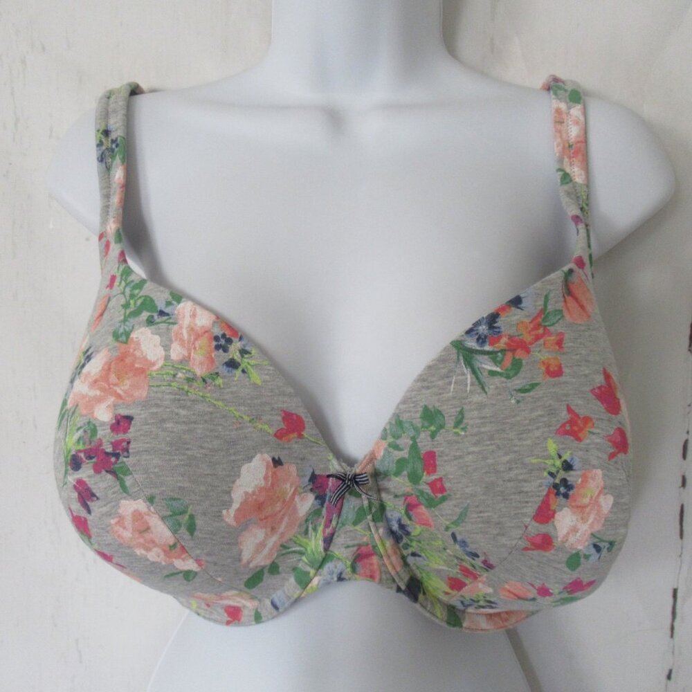 Cacique Bra 44DD Gray Pink Floral Lightly Lined T Shirt‎ Underwire Plus Size